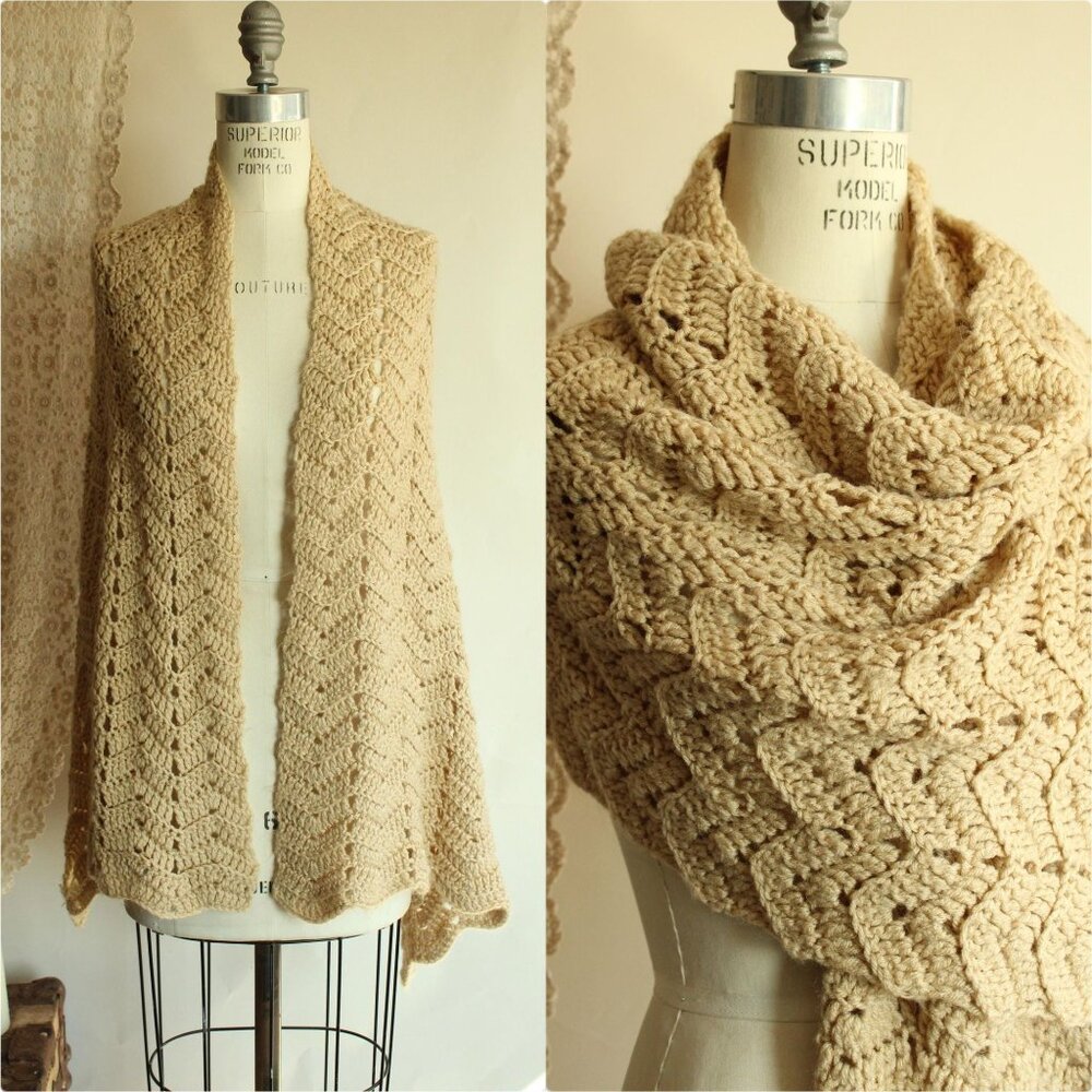 Vintage 1960s 1970s Knit Wrap Beige Scarf,  Rectangular Extra Large